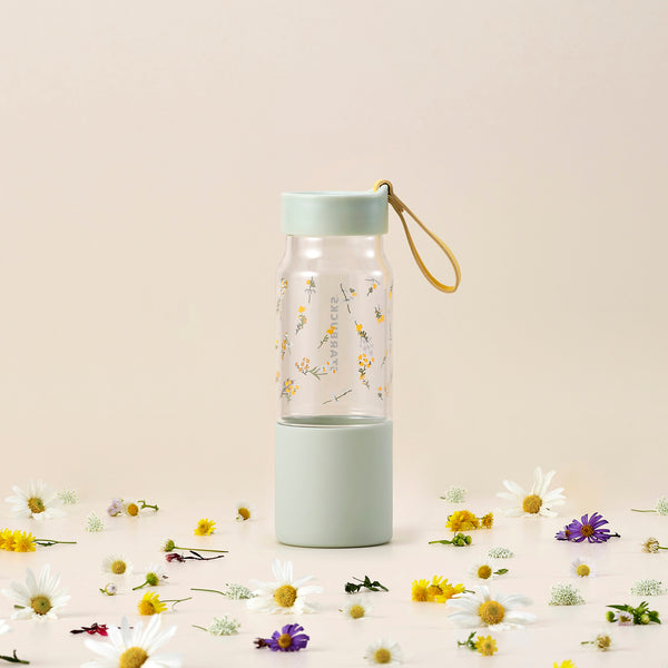 16OZ GREEN AND CLEAR LITTLE WILD FLOWER  WATER BOTTLE 16OZ 透明綠色小野花水樽