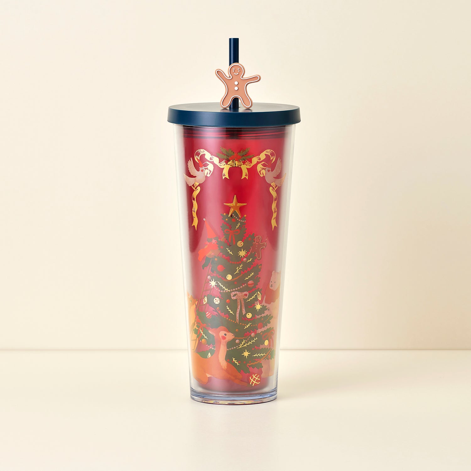 24OZ HOLIDAY TREE COLD CUP W/GINGERBREAD MAN STOPPER 24OZ 聖誕樹凍杯配薑餅人飲管塞
